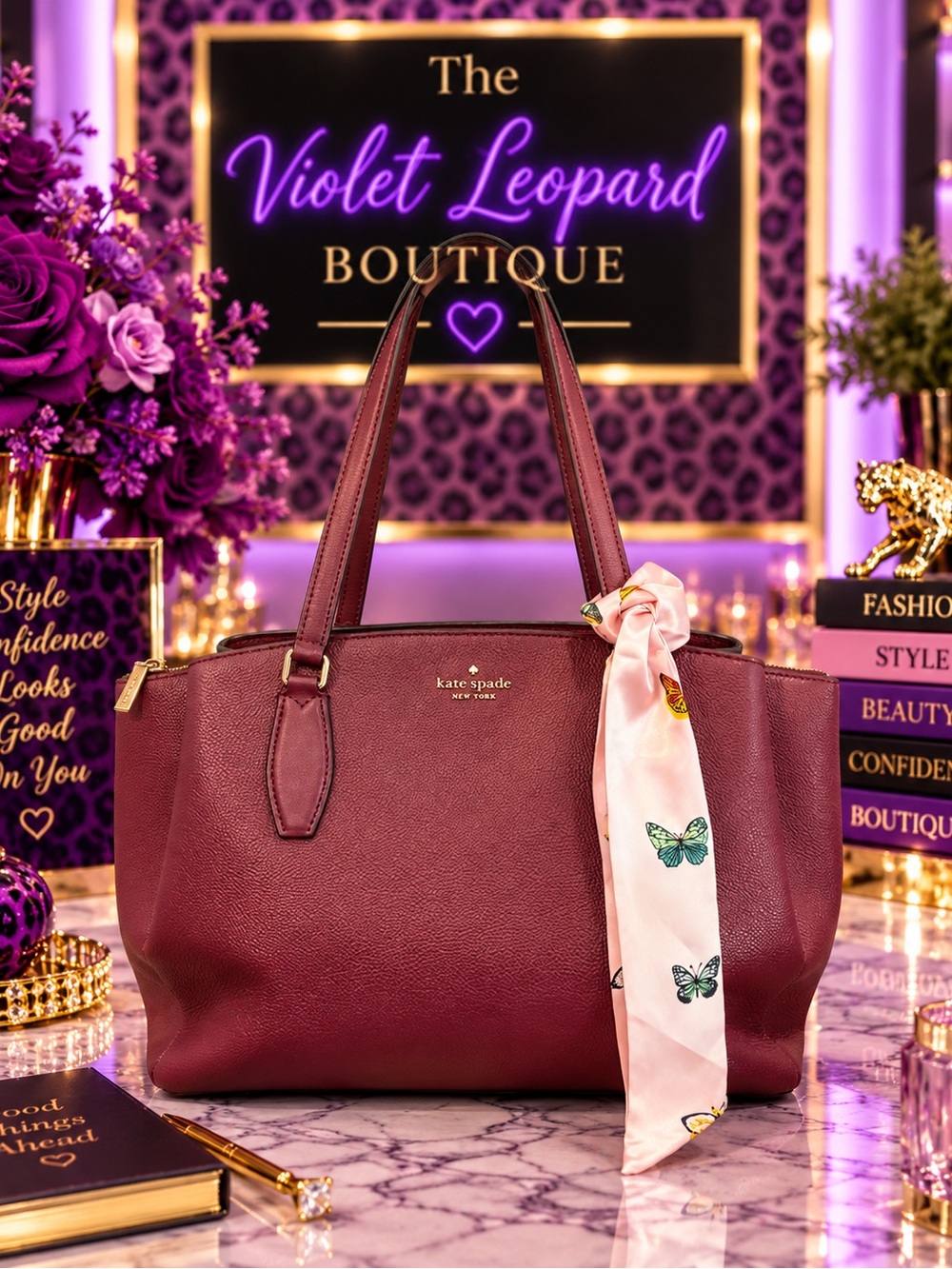 kate spade Plum Leather Tote with Pink Butterfly Scarf